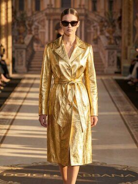 ⭐Luxury Designer Stylish Gold Real Genuine Leather Glamorous Jacket Coat Trench